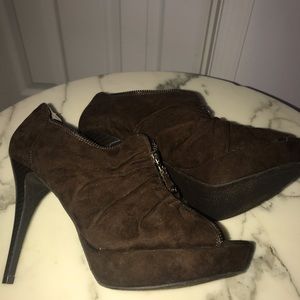 G By Guess Chocolate Brown Suede Open Toe Booties